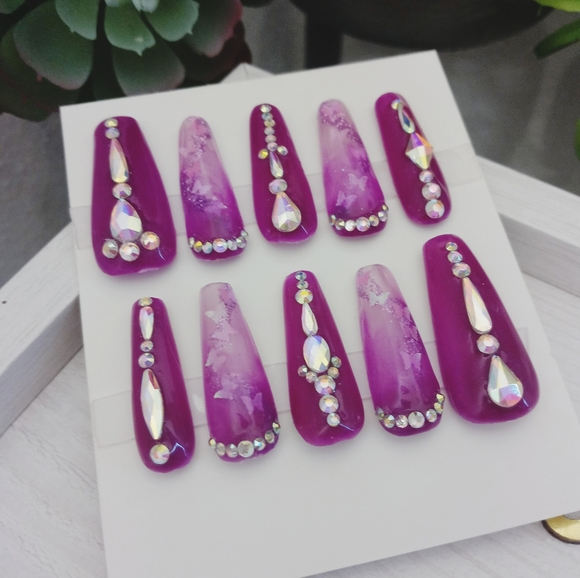 Full diamond set purple glow in the dark acrylic coffin nails - Picture 2 of 10